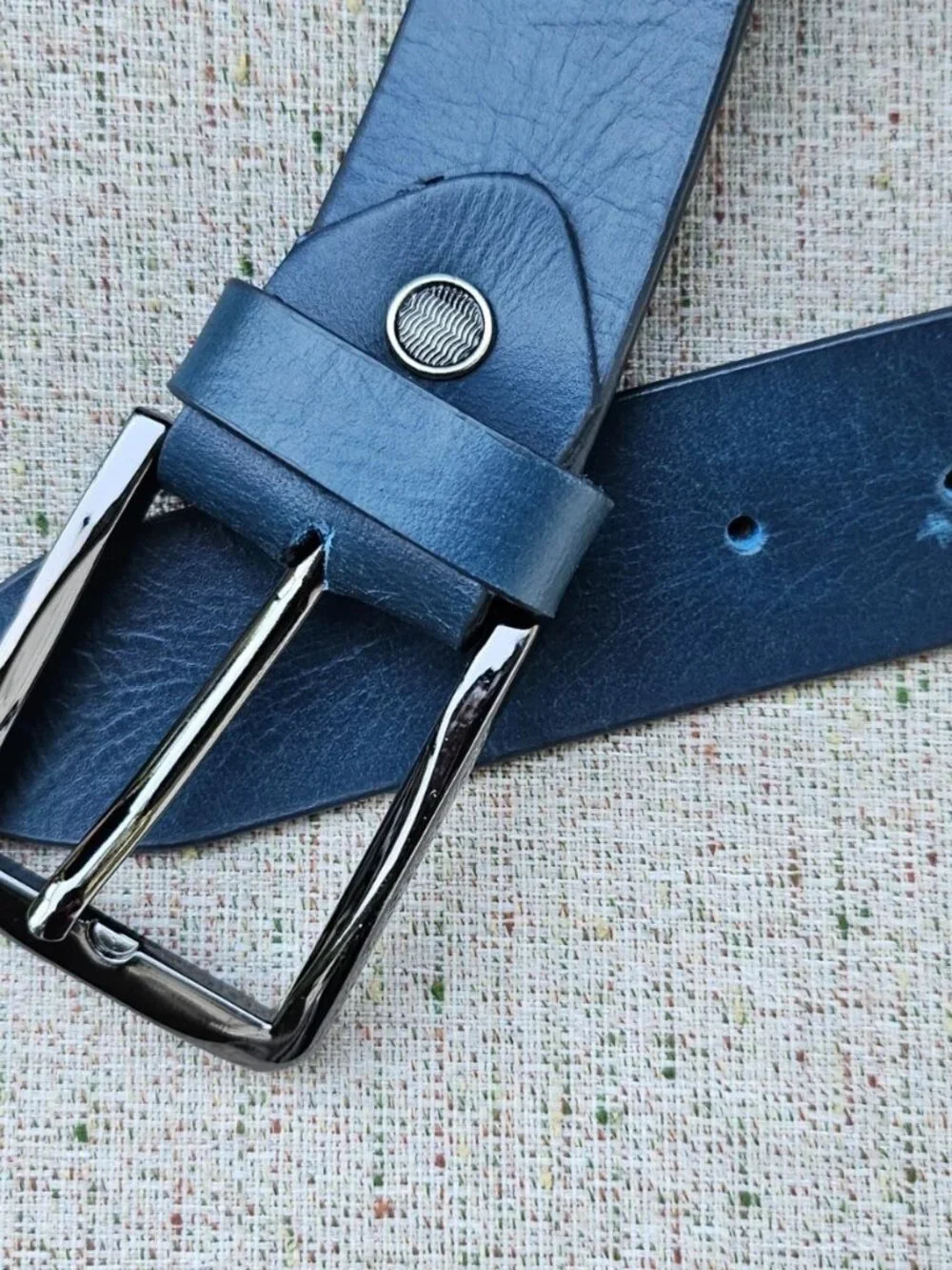 Blue Belt Genuine Leather Waistband Unisex Belt Pin Buckle Handmade Size 36 New